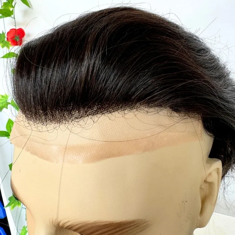 Men 's Toupee Mono Base with PU Toupee for Men 100% Virgin Indian Human Remy Hair Prosthesis 1B Mix 40% Synthetic Grey Hair System 8x10 Inch Hair Replacement  Bleached Knots