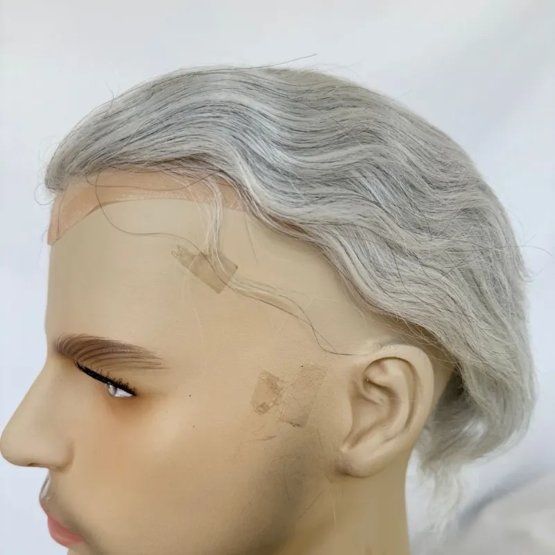Men 's Toupee Mono Base with PU Toupee for Men 100% Virgin Indian Human Remy Hair Prosthesis 1B Mix 40% Synthetic Grey Hair System 8x10 Inch Hair Replacement  Bleached Knots