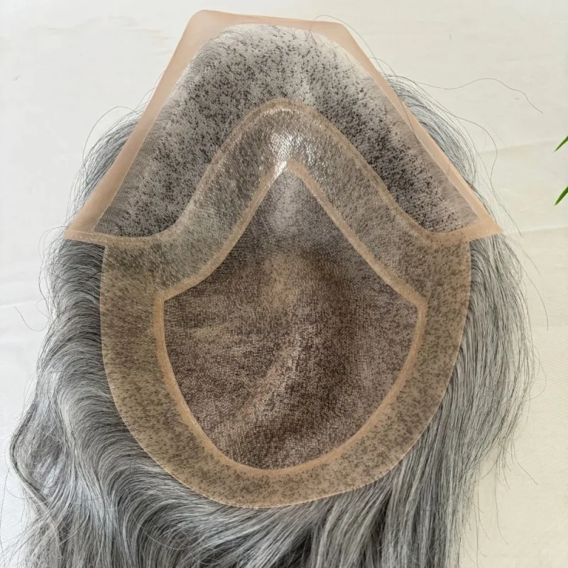 Men 's Toupee Mono Base with PU Toupee for Men 100% Virgin Indian Human Remy Hair Prosthesis 1B Mix 40% Synthetic Grey Hair System 8x10 Inch Hair Replacement  Bleached Knots