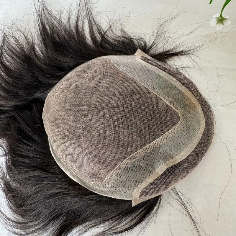 Men 's Toupee Mono Base with PU Toupee for Men 100% Virgin Indian Human Remy Hair Prosthesis 1B Mix 40% Synthetic Grey Hair System 8x10 Inch Hair Replacement  Bleached Knots