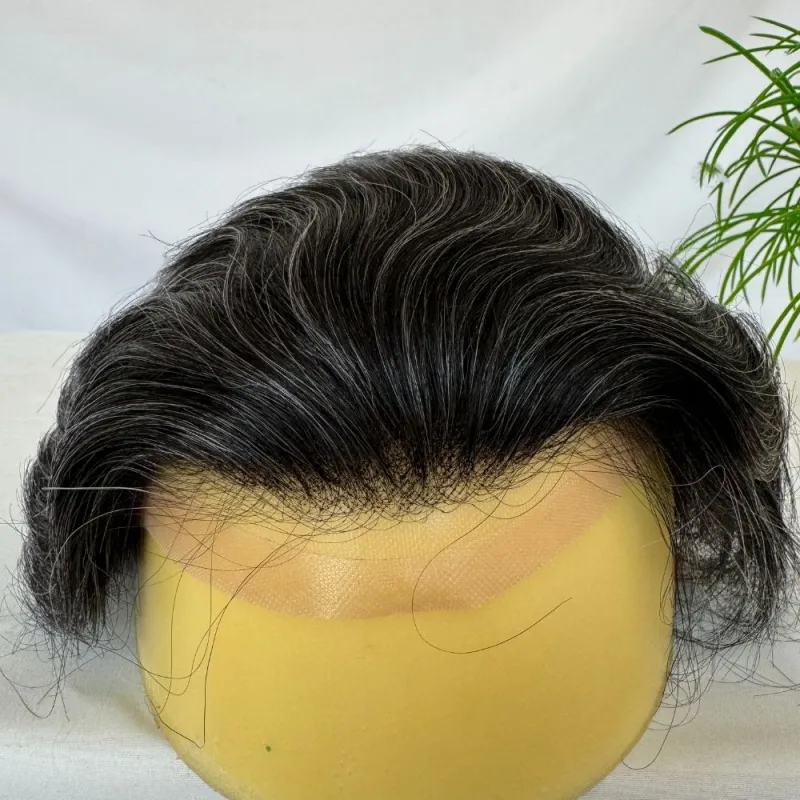 Men 's Toupee Mono Base with PU Toupee for Men 100% Virgin Indian Human Remy Hair Prosthesis 1B Mix 40% Synthetic Grey Hair System 8x10 Inch Hair Replacement  Bleached Knots