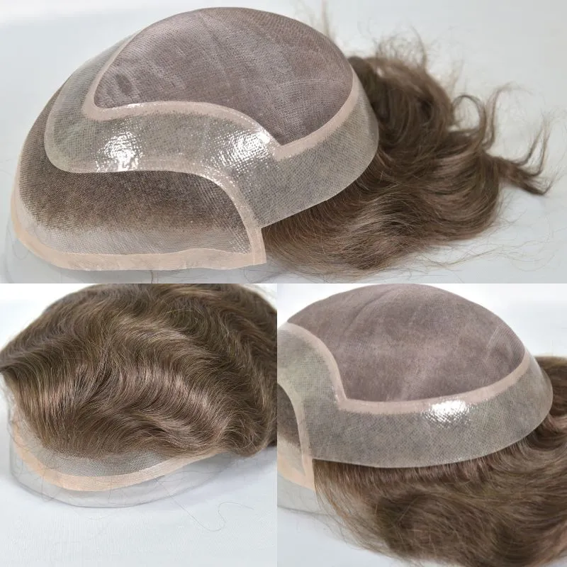 Men 's Toupee Mono Base with PU Toupee for Men 100% Virgin Indian Human Remy Hair Prosthesis 1B Mix 40% Synthetic Grey Hair System 8x10 Inch Hair Replacement  Bleached Knots