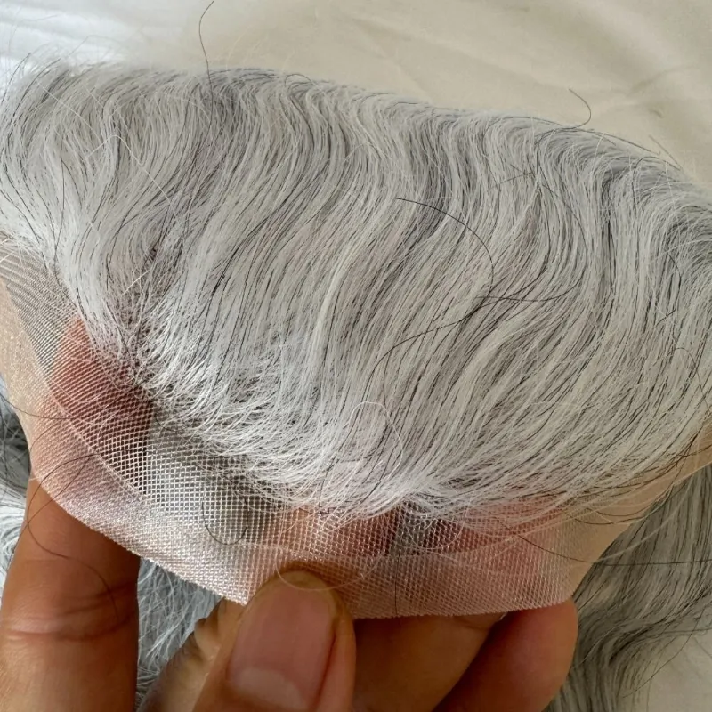 Men 's Toupee Mono Base with PU Toupee for Men 100% Virgin Indian Human Remy Hair Prosthesis 1B Mix 40% Synthetic Grey Hair System 8x10 Inch Hair Replacement  Bleached Knots