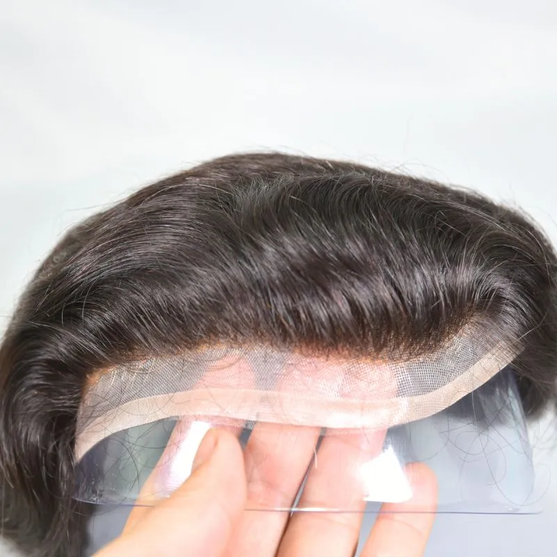 Men 's Toupee Mono Base with PU Toupee for Men 100% Virgin Indian Human Remy Hair Prosthesis 1B Mix 40% Synthetic Grey Hair System 8x10 Inch Hair Replacement  Bleached Knots