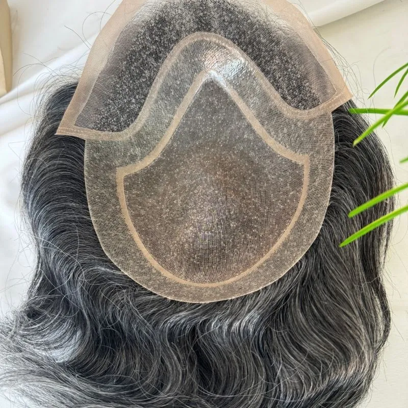 Men 's Toupee Mono Base with PU Toupee for Men 100% Virgin Indian Human Remy Hair Prosthesis 1B Mix 40% Synthetic Grey Hair System 8x10 Inch Hair Replacement  Bleached Knots