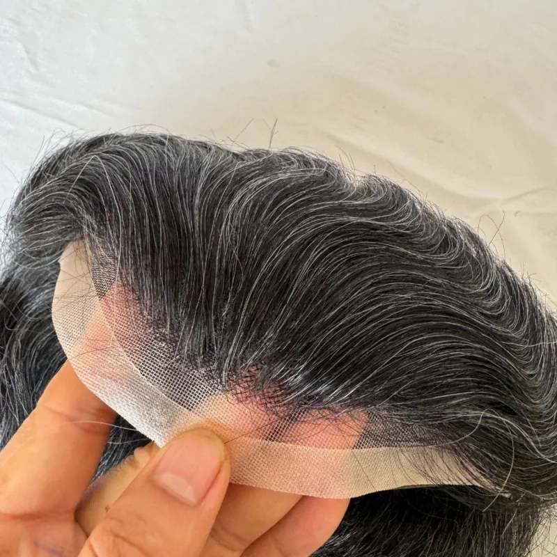 Men 's Toupee Mono Base with PU Toupee for Men 100% Virgin Indian Human Remy Hair Prosthesis 1B Mix 40% Synthetic Grey Hair System 8x10 Inch Hair Replacement  Bleached Knots