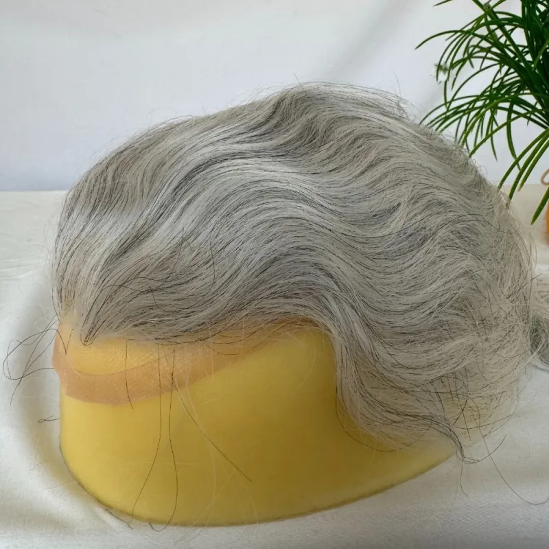 Men 's Toupee Mono Base with PU Toupee for Men 100% Virgin Indian Human Remy Hair Prosthesis 1B Mix 40% Synthetic Grey Hair System 8x10 Inch Hair Replacement  Bleached Knots