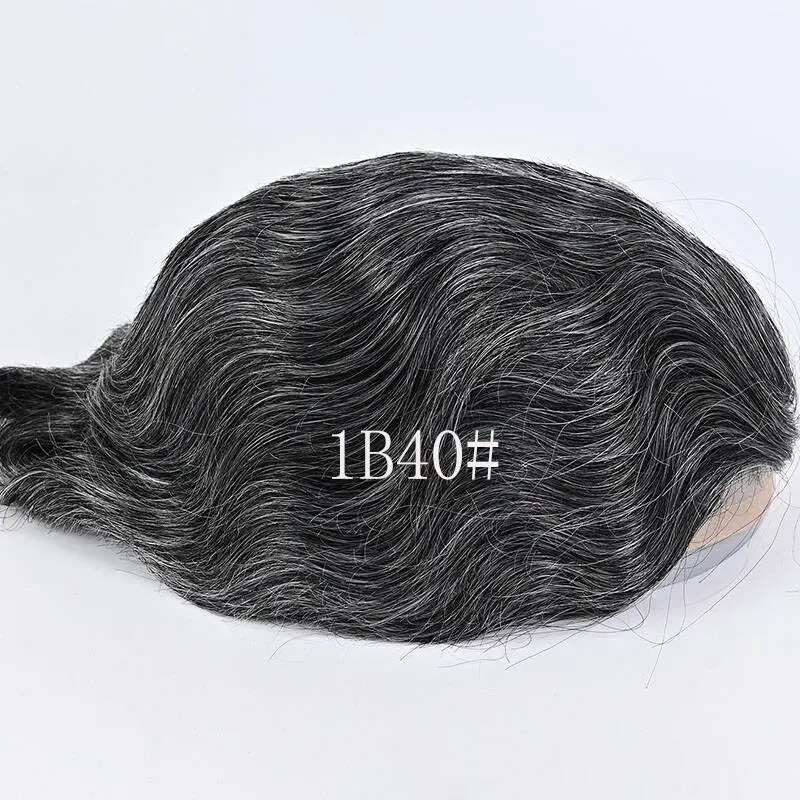 Men 's Toupee Mono Base with PU Toupee for Men 100% Virgin Indian Human Remy Hair Prosthesis 1B Mix 40% Synthetic Grey Hair System 8x10 Inch Hair Replacement  Bleached Knots