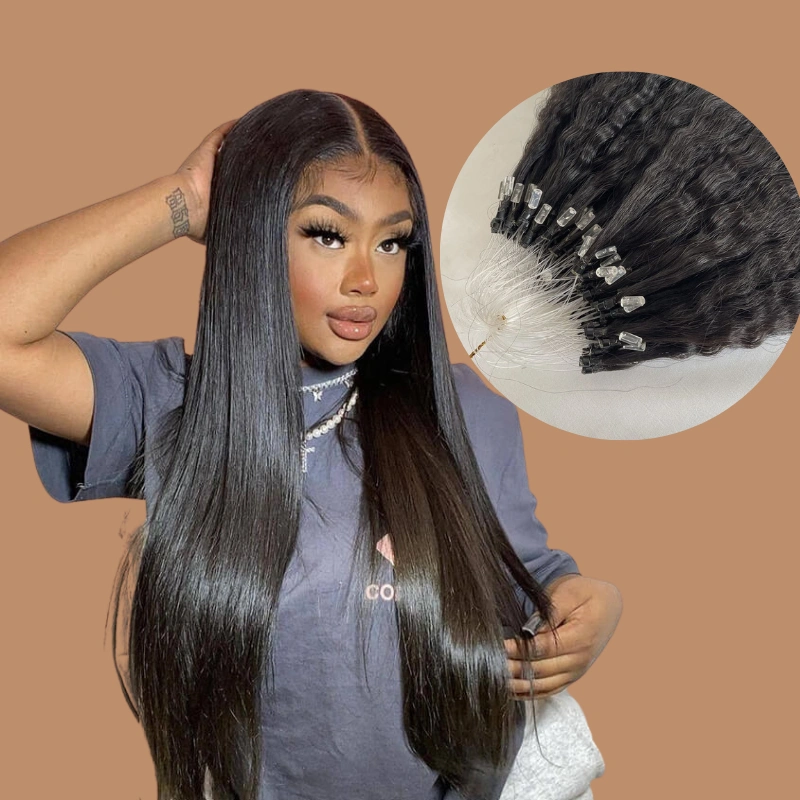 Eseewigs Straight Hair 100%Human Hair Brazilian Remy Micro Loop Hair Extensions For Black  Women Human Hair1B#color