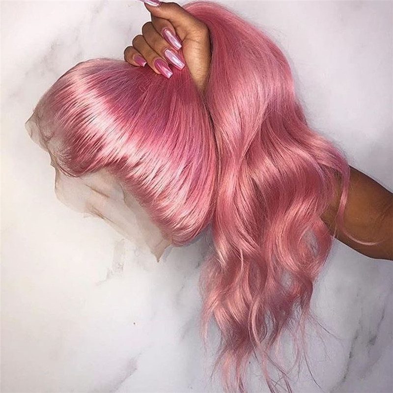Pink Hair Body Wave Lace Wigs with Baby Hair Glueless 13x4x1 T part Lace Front Human Hair Wigs Pink Ponytail