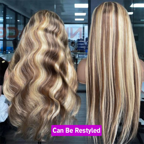 Blonde With Brown Skunk Stripe Wigs Human Virgin Hair Hairstyle Wig Highlights Straight Mixed Lace Front Wig #P4/613 Colored Wig