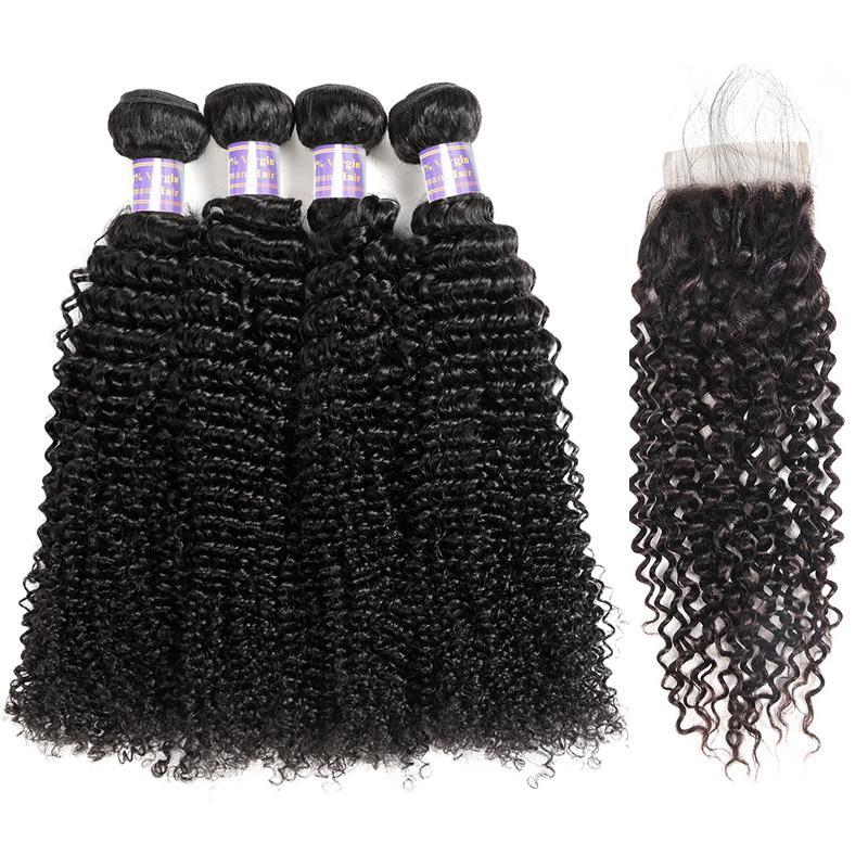 Peruvian Curly Wave 4 Bundles With 4*4 Lace Closure Human Hair