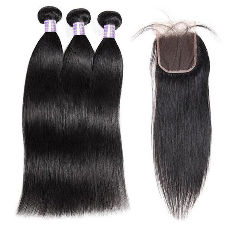 Malaysian Straight Hair 3 Bundles with 4*4 Lace Closure with Baby Hair