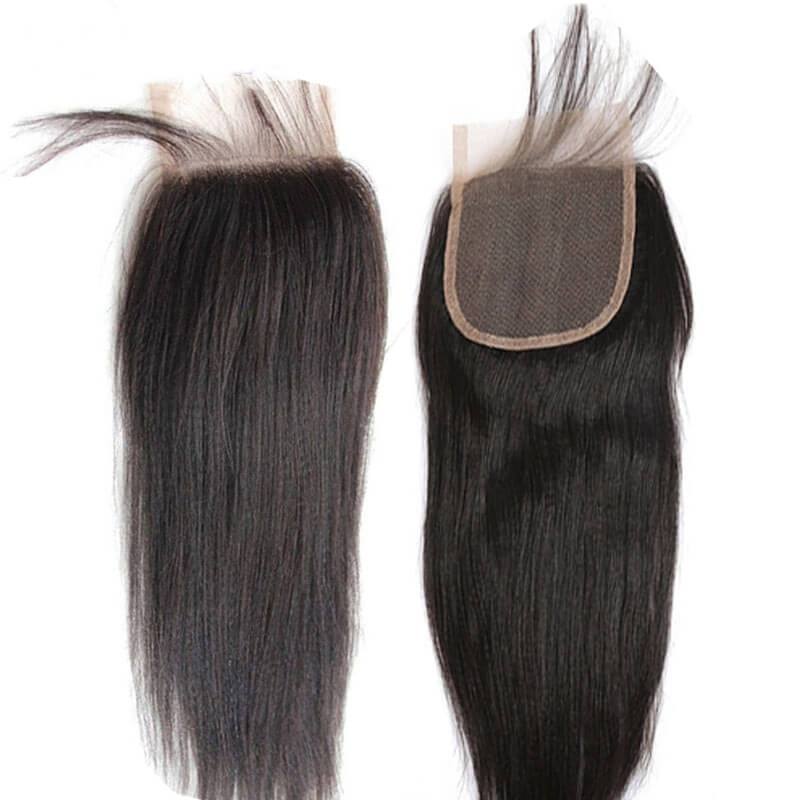 Brazalian Virgin Human Hair 3 Bundles With 4X4  Lace Closure Yaki Straight  Weave