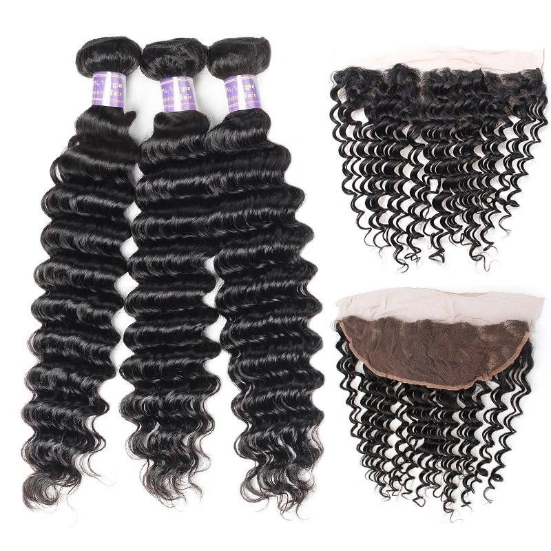 Brazilian Deep Wave 3 Bundles with 13*4 Lace Frontal Virgin Human Hair