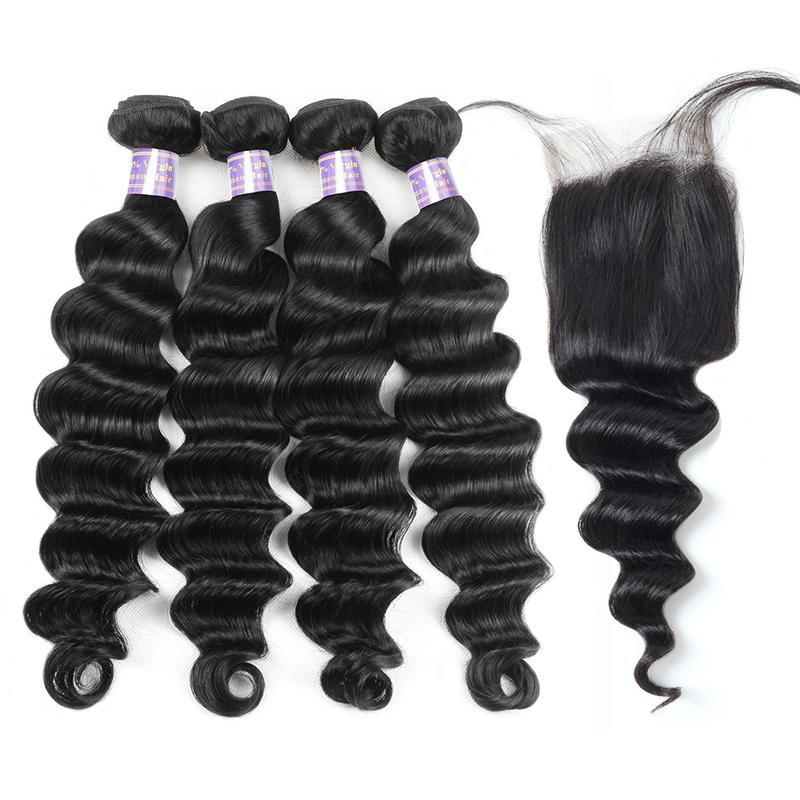 Eseewigs Peruvian Loose Deep Wave 4 Bundles with 4*4 Lace Closure Virgin Hair