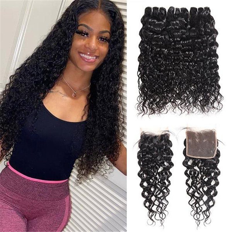 Malaysian Water Wave 3 Bundles with 4*4 Lace Closure Virgin Human Hair