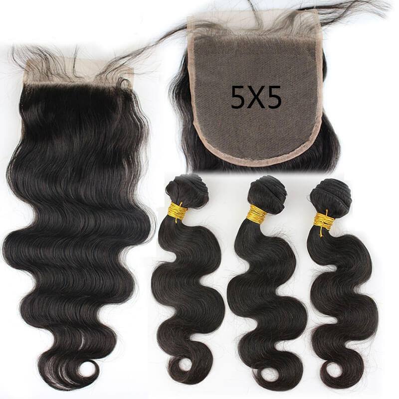 Brazalian Virgin Hair  Body Wave 3 Bundles with Lace Closure 5x5 130% Density Human hair Natural Color