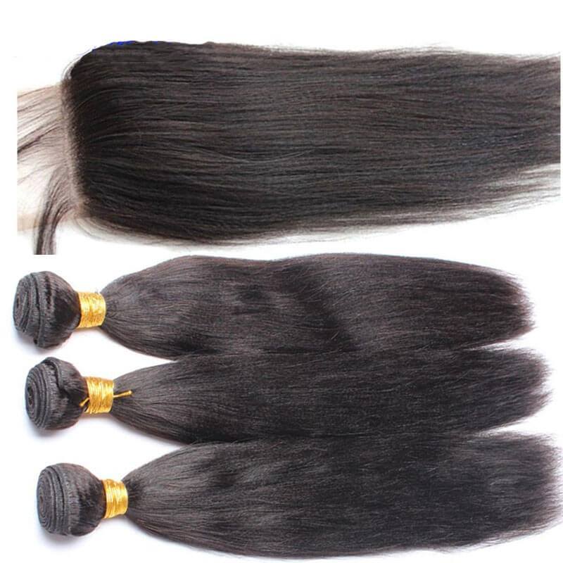 Brazalian Virgin Human Hair 3 Bundles With 4X4  Lace Closure Yaki Straight  Weave