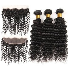100% Brazilian Human Hair Bundles With 13X4 Deep Wave Lace Frontal Closures Hair Weave Bundles Extensions