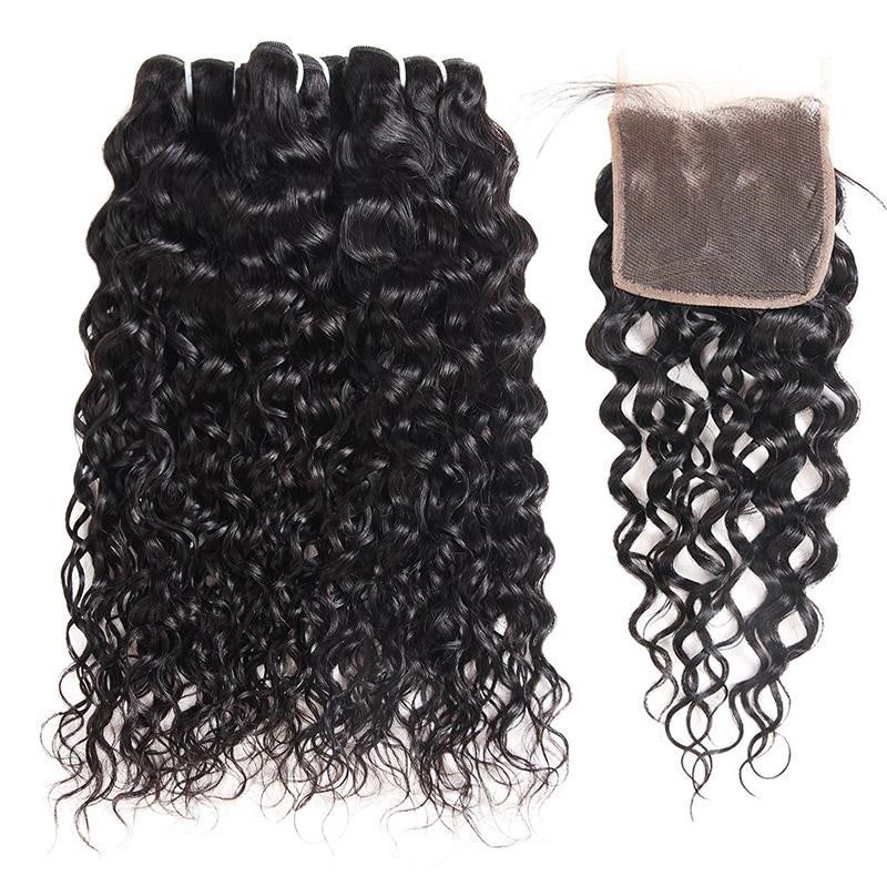 Malaysian Water Wave 3 Bundles with 4*4 Lace Closure Virgin Human Hair