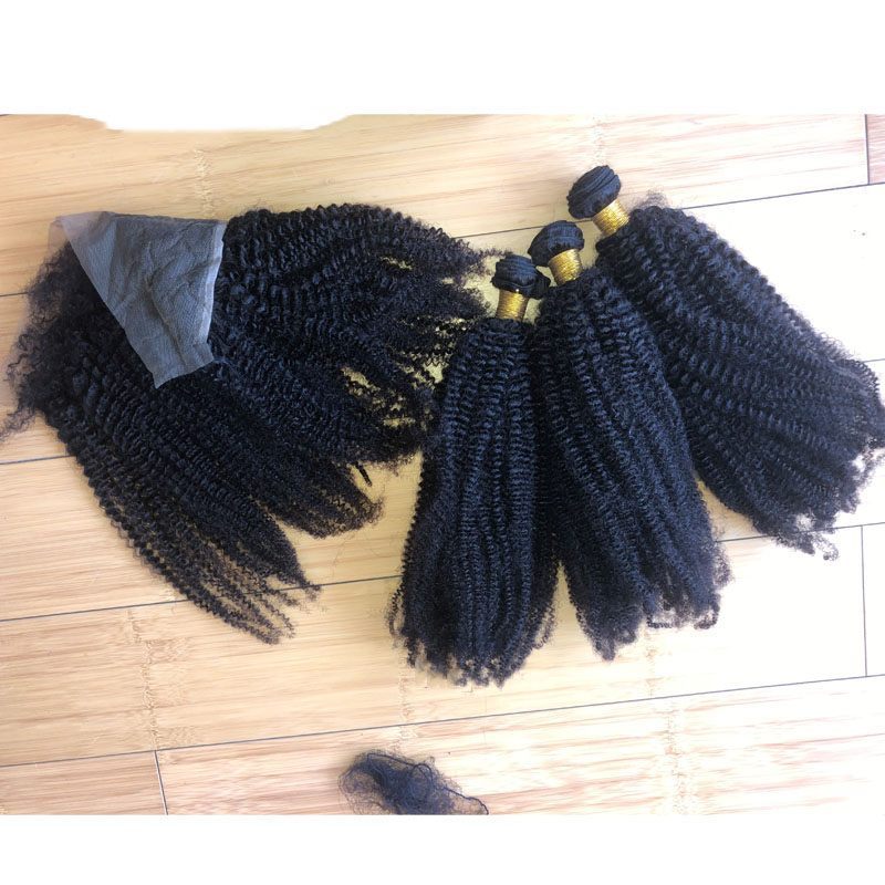 Best Quality 12A Mongolian Human Virgin Kinky Curly Hair With Frontal, 4B4C Afro Kinky Hair Extensions 8"-40" Selling