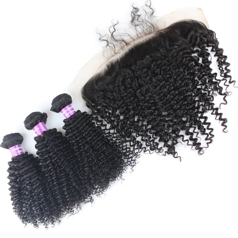 12A Mongolian Kinky Curly Hair With Frontal Closure 3 Bundles With Frontal 13X6 Ear To Ear Lace Frontal Closure With Bundles