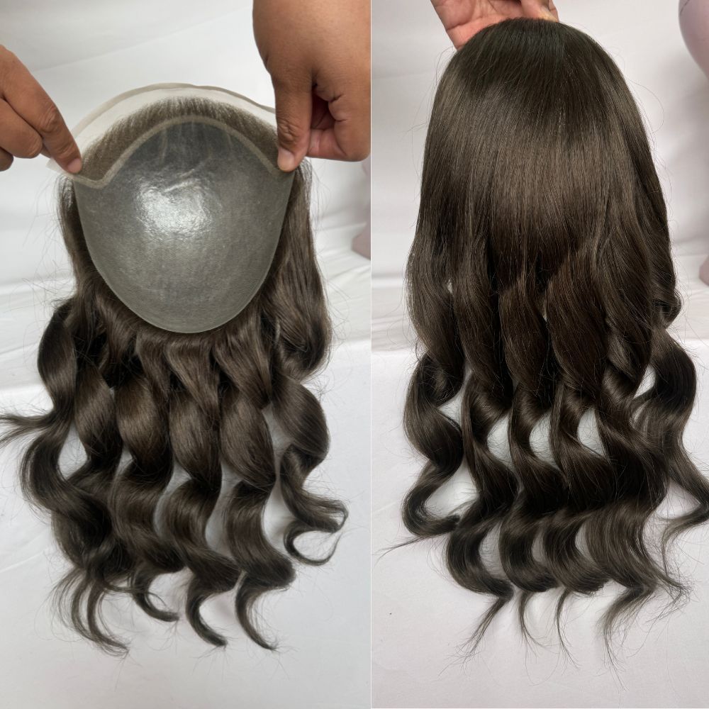 12 Inch Long Toupee For Men 1B20 Color BIO Toupee European Hair Replacement PU Base With Frontal Swiss Lace Net Human Hair 10x8 Make Natural Front Hairline Loose Wave