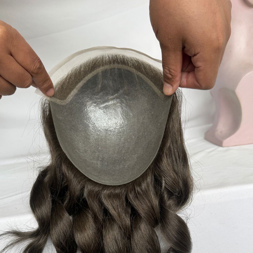 12 Inch Long Toupee For Men 1B20 Color BIO Toupee European Hair Replacement PU Base With Frontal Swiss Lace Net Human Hair 10x8 Make Natural Front Hairline Loose Wave