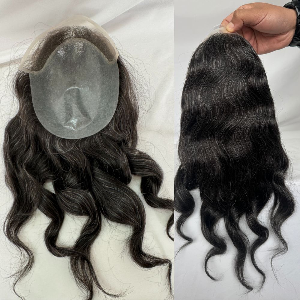 12 Inch Long Toupee For Men 1B20 Color BIO Toupee European Hair Replacement PU Base With Frontal Swiss Lace Net Human Hair 10x8 Make Natural Front Hairline Loose Wave