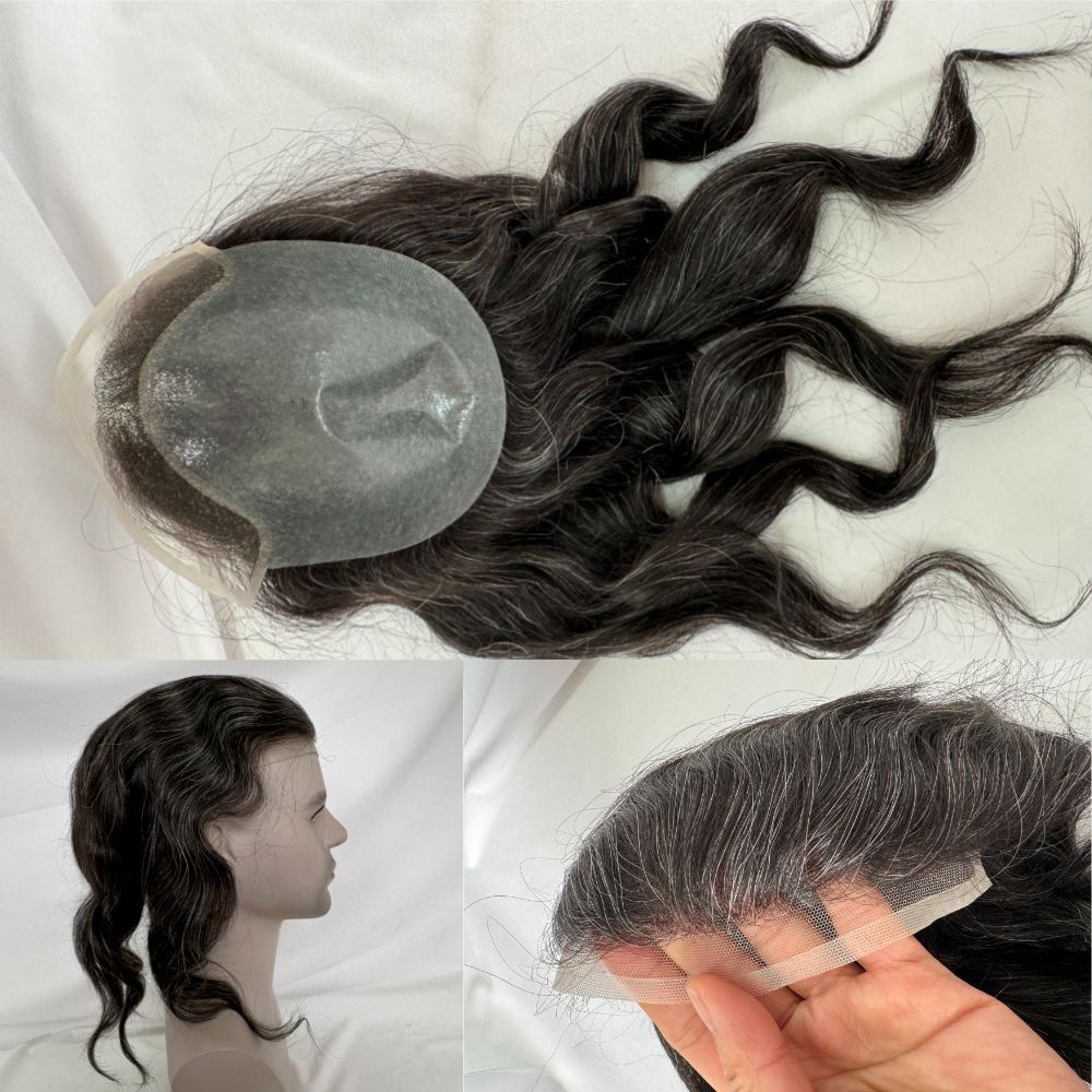 12 Inch Long Toupee For Men 1B20 Color BIO Toupee European Hair Replacement PU Base With Frontal Swiss Lace Net Human Hair 10x8 Make Natural Front Hairline Loose Wave