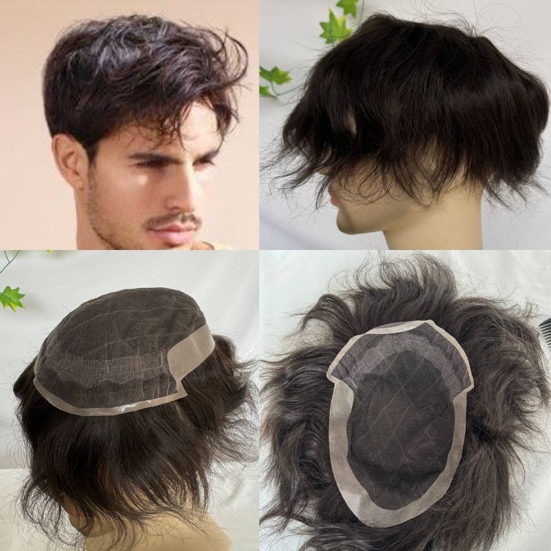 Men Toupee Dark Brown 2# 9x7 Base Size Swiss Lace Front with PU Hair Toupee 100% Human Hairpiece Lace with Pu Hair System Replacement