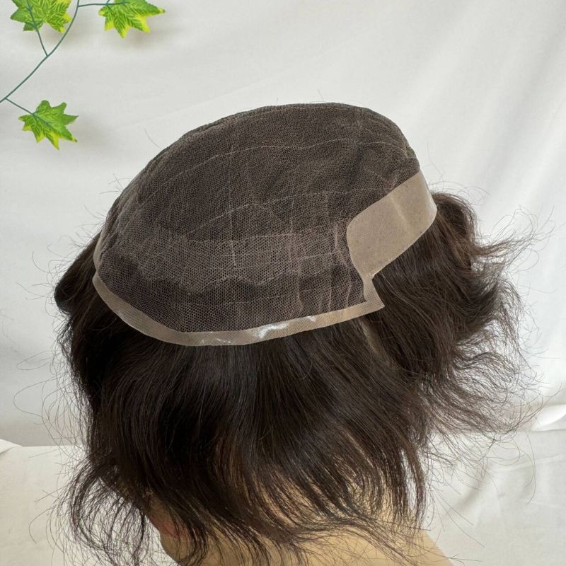 Men Toupee Dark Brown 2# 9x7 Base Size Swiss Lace Front with PU Hair Toupee 100% Human Hairpiece Lace with Pu Hair System Replacement