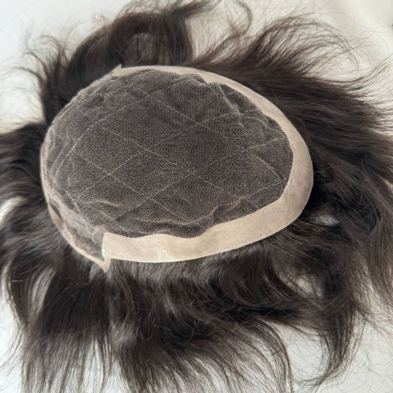 Men Toupee Dark Brown 2# 9x7 Base Size Swiss Lace Front with PU Hair Toupee 100% Human Hairpiece Lace with Pu Hair System Replacement