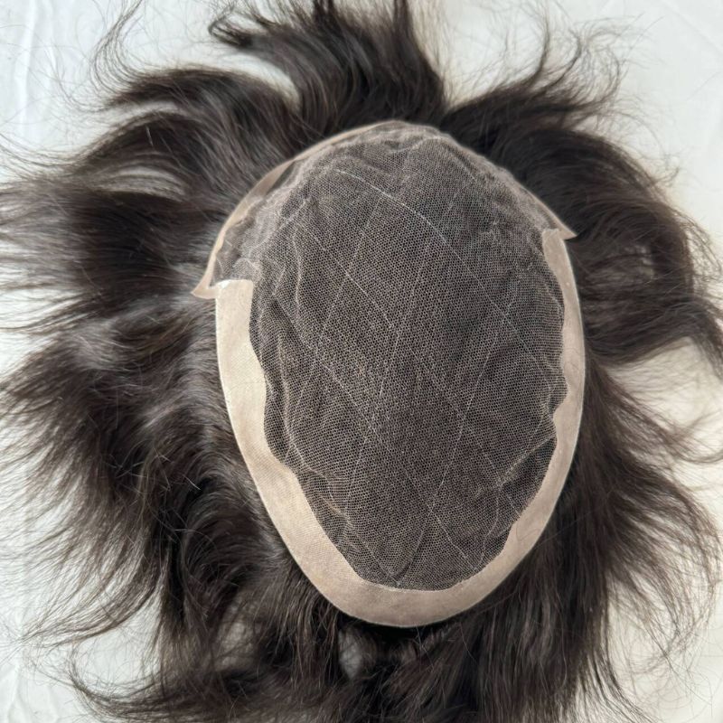 Men Toupee Dark Brown 2# 9x7 Base Size Swiss Lace Front with PU Hair Toupee 100% Human Hairpiece Lace with Pu Hair System Replacement