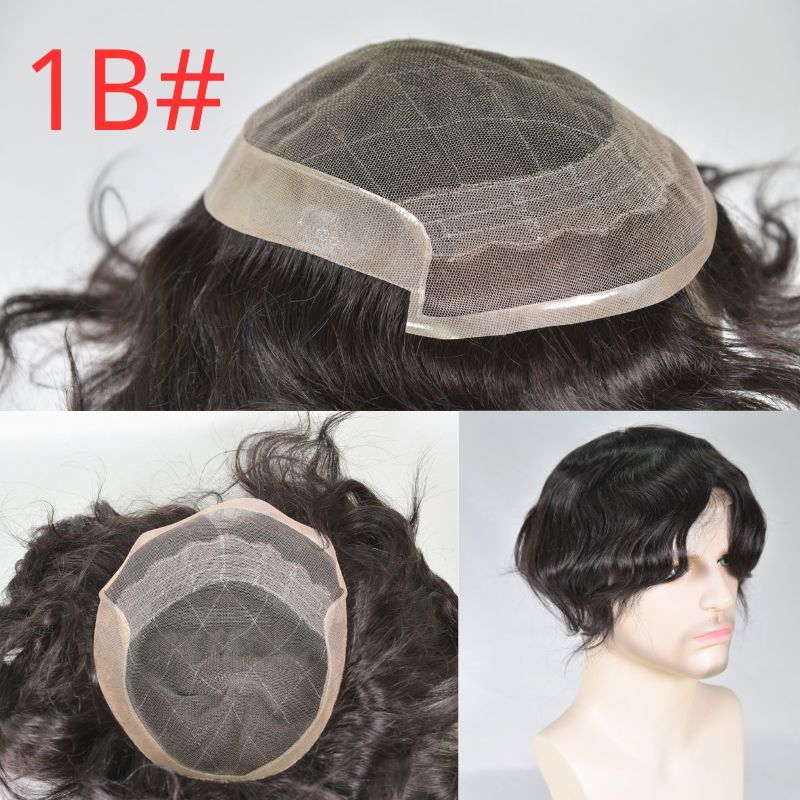 Men Toupee 100% Human Hair Male Wigs for Men Thinner Swiss Lace with NPU Hairpiece Natural Hairline 9x7 Base Hair System 2# Dark Brown Hair Prothesis Bleached Knots