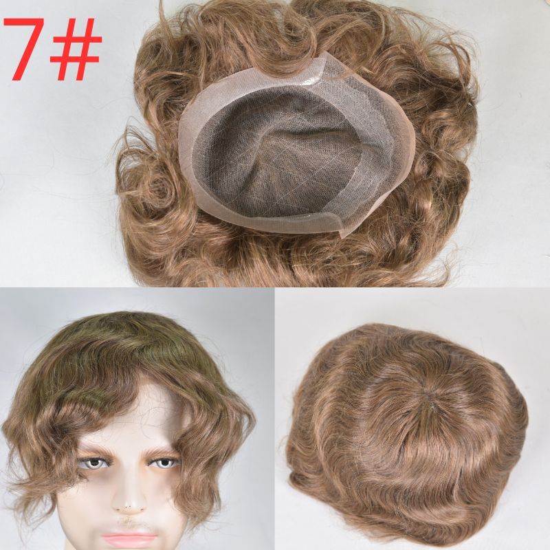 Men Toupee 100% Human Hair Male Wigs for Men Thinner Swiss Lace with NPU Hairpiece Natural Hairline 9x7 Base Hair System 2# Dark Brown Hair Prothesis Bleached Knots