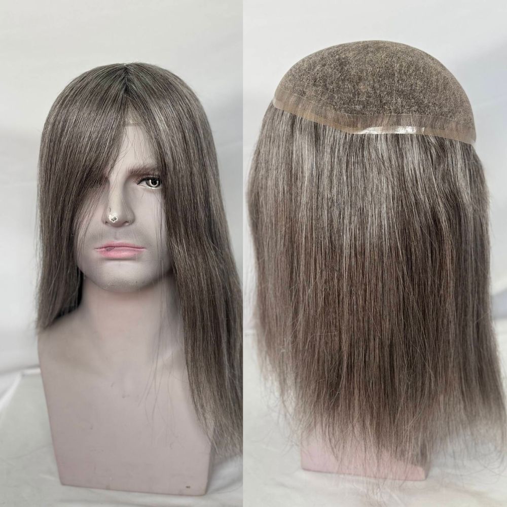 Custom Mens Toupee 10x8  Full HD Lace Base 260# Color 40% 2# Dark Brown Human Hair Mixed with 60% Synthetic Gray Hair 12 Inch 130% Density Hair Replacement