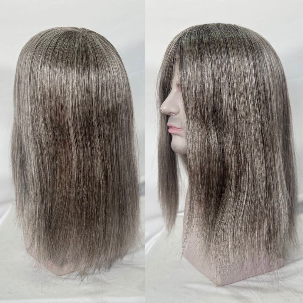 Custom Mens Toupee 10x8  Full HD Lace Base 260# Color 40% 2# Dark Brown Human Hair Mixed with 60% Synthetic Gray Hair 12 Inch 130% Density Hair Replacement