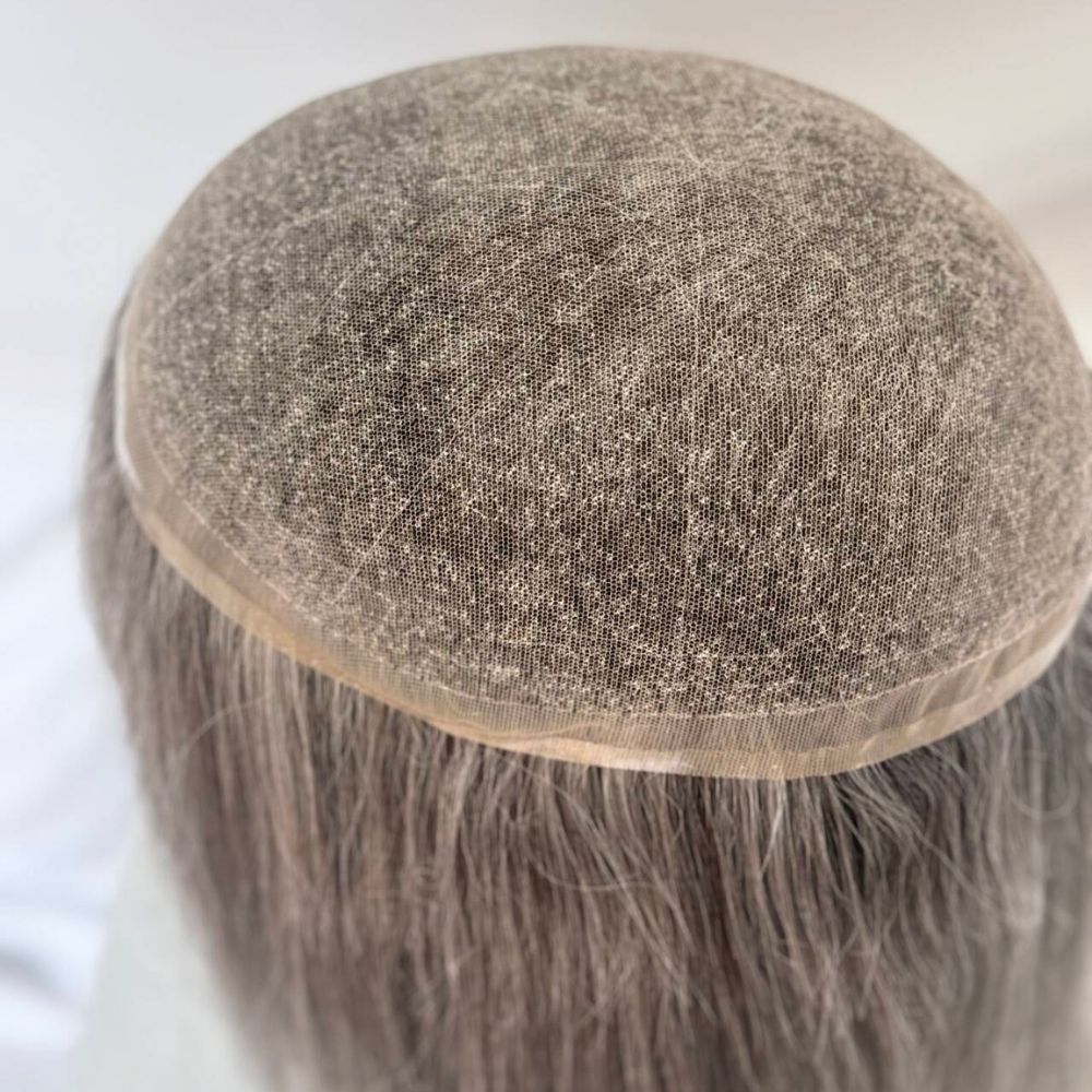 Custom Mens Toupee 10x8  Full HD Lace Base 260# Color 40% 2# Dark Brown Human Hair Mixed with 60% Synthetic Gray Hair 12 Inch 130% Density Hair Replacement