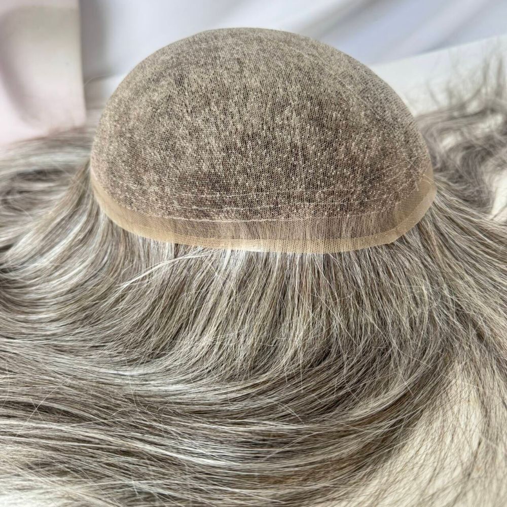 Custom Mens Toupee 10x8  Full HD Lace Base 260# Color 40% 2# Dark Brown Human Hair Mixed with 60% Synthetic Gray Hair 12 Inch 130% Density Hair Replacement