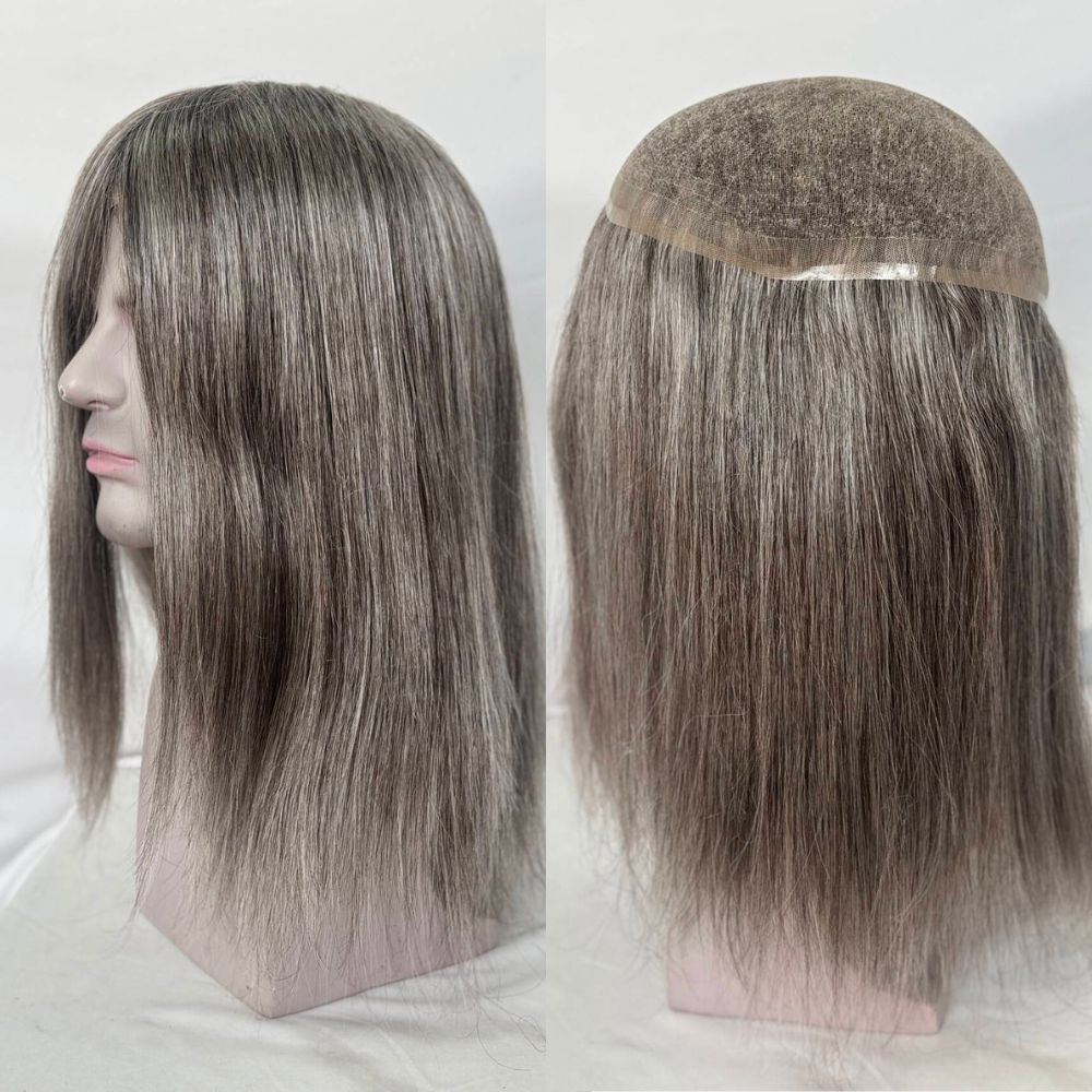 Custom Mens Toupee 10x8  Full HD Lace Base 260# Color 40% 2# Dark Brown Human Hair Mixed with 60% Synthetic Gray Hair 12 Inch 130% Density Hair Replacement