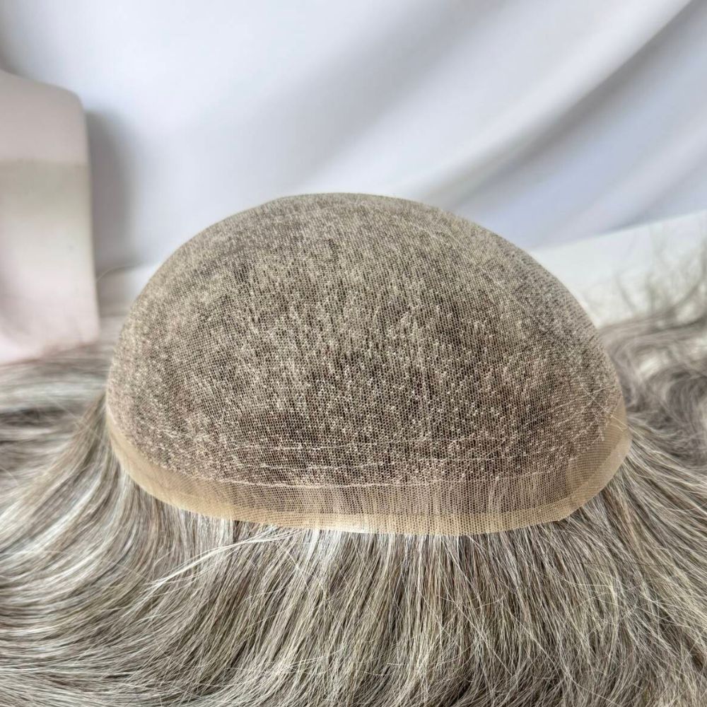 Custom Mens Toupee 10x8  Full HD Lace Base 260# Color 40% 2# Dark Brown Human Hair Mixed with 60% Synthetic Gray Hair 12 Inch 130% Density Hair Replacement