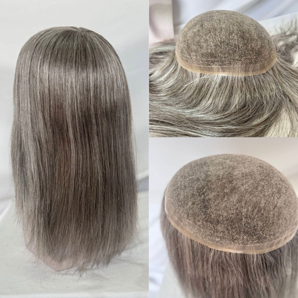 Custom Mens Toupee 10x8  Full HD Lace Base 260# Color 40% 2# Dark Brown Human Hair Mixed with 60% Synthetic Gray Hair 12 Inch 130% Density Hair Replacement