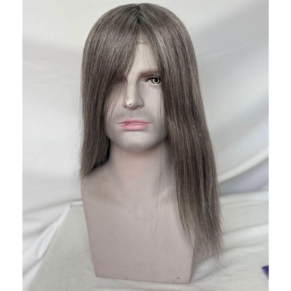 Custom Mens Toupee 10x8  Full HD Lace Base 260# Color 40% 2# Dark Brown Human Hair Mixed with 60% Synthetic Gray Hair 12 Inch 130% Density Hair Replacement