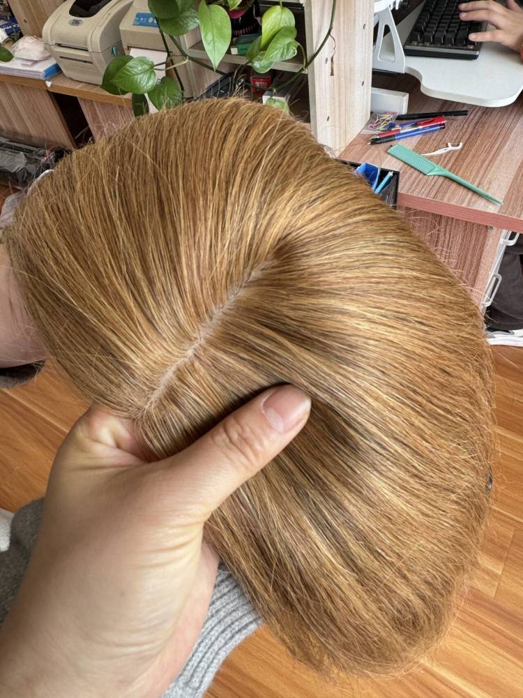 Custom 14 Inch 4x4 Silk Top Based Lace Front Wigs   Lace Front Human Hair Topper for Women Warm Honey Brown Straight Hair, Middle Part, Natural Blend