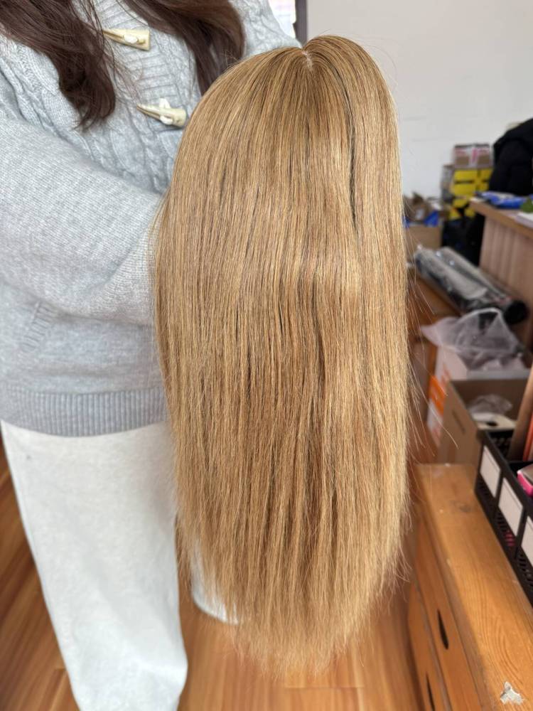 Custom 14 Inch 4x4 Silk Top Based Lace Front Wigs   Lace Front Human Hair Topper for Women Warm Honey Brown Straight Hair, Middle Part, Natural Blend