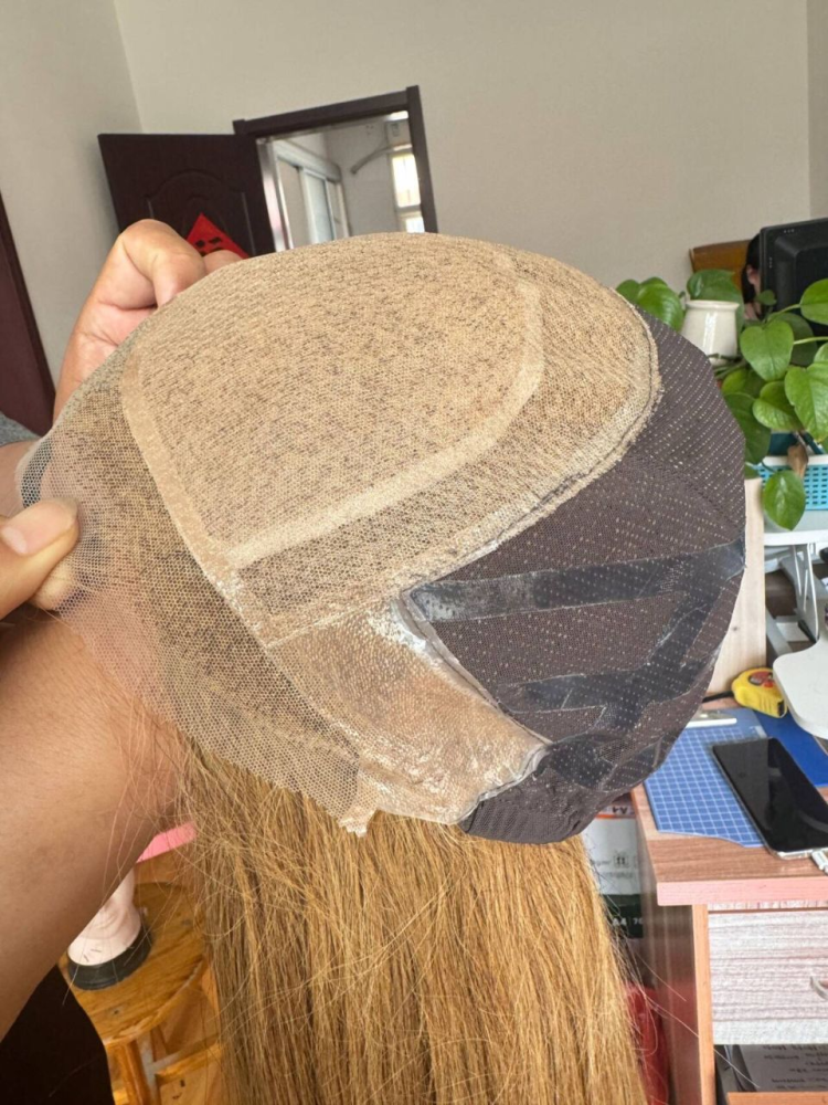 Custom 14 Inch 4x4 Silk Top Based Lace Front Wigs   Lace Front Human Hair Topper for Women Warm Honey Brown Straight Hair, Middle Part, Natural Blend