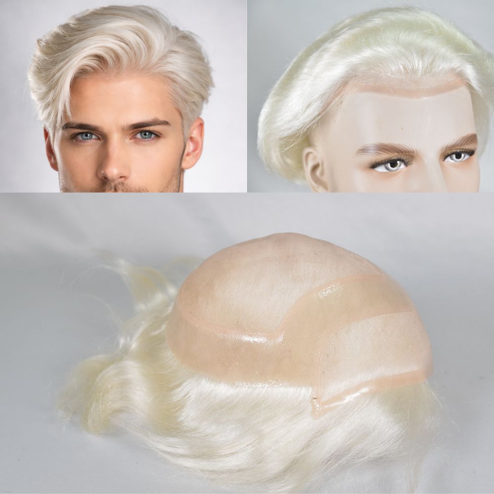 Eseewigs Men's Mono Lace Front Toupee with PU Around 100% Human Hair White 60R Color 8x10 Hair System