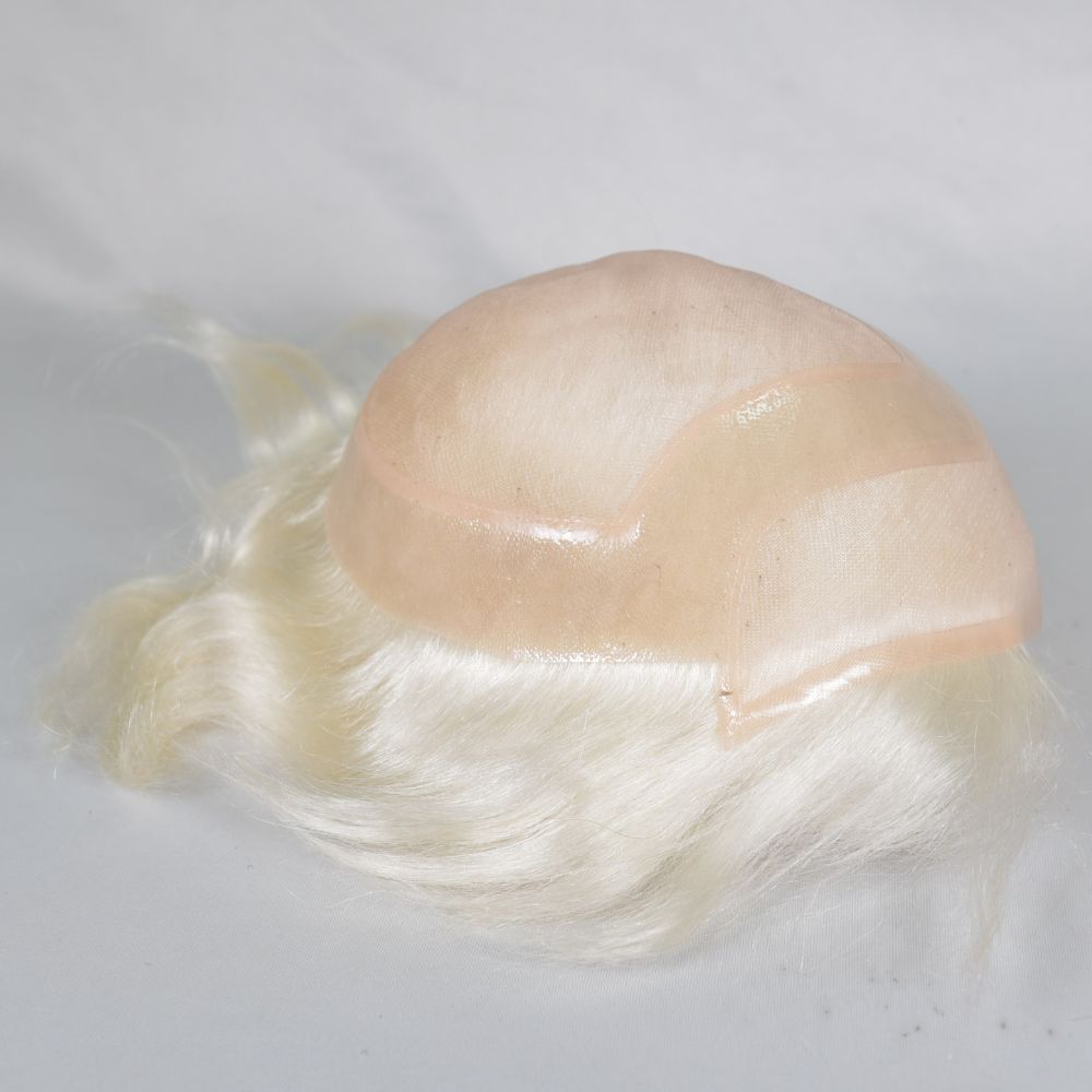 Eseewigs Men's Mono Lace Front Toupee with PU Around 100% Human Hair White 60R Color 8x10 Hair System